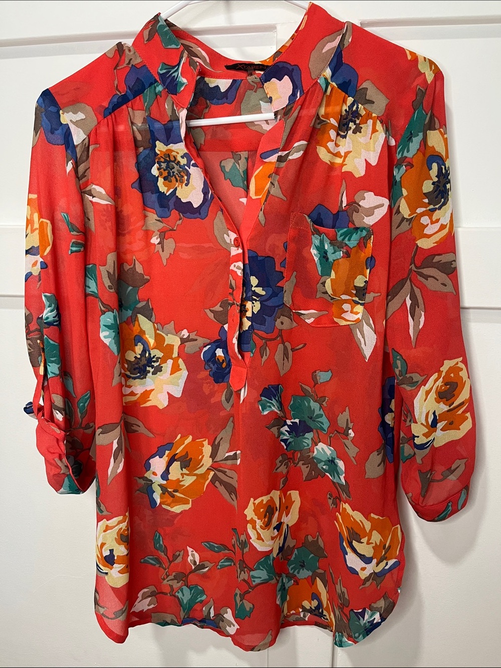 Floral Coral Split-Neck Blouse